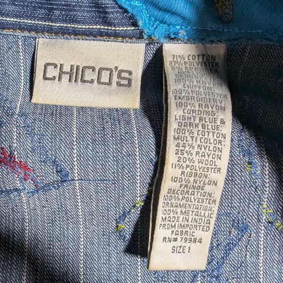 Vtg 1990s Chico's Blue Floral Applique Pinstripe Denim Open Front Jacket 1 M - Picture 3 of 3